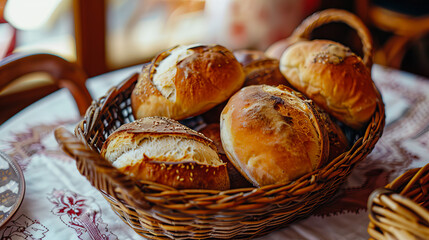 Bread in a basket on a table.