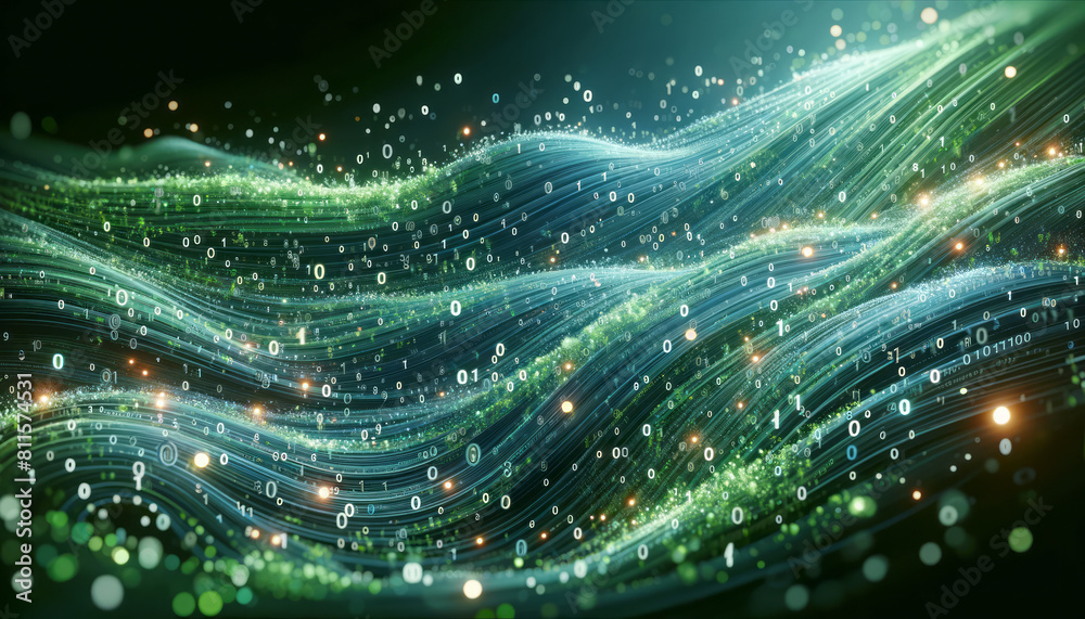 Leinwandbilder Abstract digital waves with binary code on a dark green background, symbolizing data flow. Generative AI