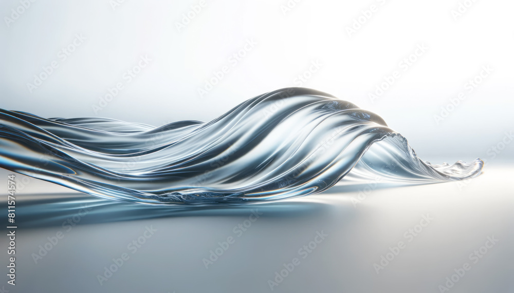 Poster a fluid wave of glass-like texture against a soft gradient background, illustrating a concept of flo