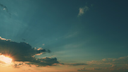 Summer Paradise Dreamy Concept. Horizon Golden Sky. Dramatic Sunset Cloudscape. Picturesque...