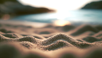 Close-up of textured sand with soft focus, against a blurry sunset background, conveying a tranquil...