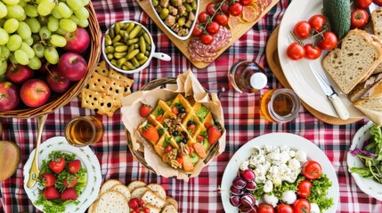 Picnic Feast on Checkered Blanket with Fresh Fruits and Gourmet Delights
