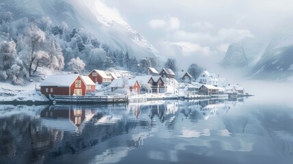 Scandinavian winter peaceful landscape of foggy morning in a Norwegian fjord village, with soft pastels of the houses reflecting in calm water. Beautiful mountain landscape in winter hyper realistic 