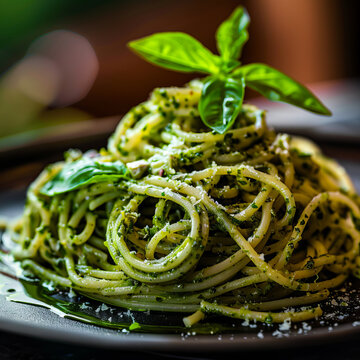 A plate of pasta with pesto sauce.