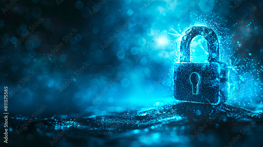 Poster a digital padlock illustration with particles on a bokeh blue background, symbolizing cybersecurity.