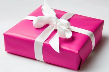 a gift wrapped in pink paper with a white ribbon