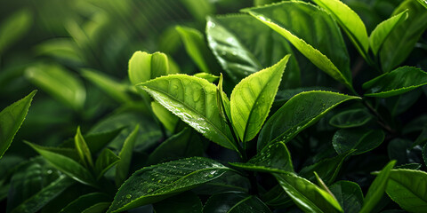Fresh green leaf wet with dew symbolizes vitality, Green tea leaves on a field. 
