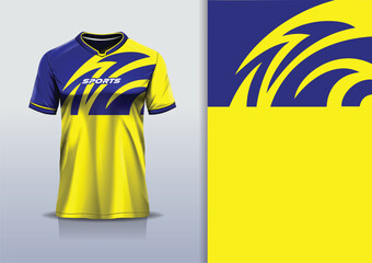 Sport jersey template mockup wave abstract design for football soccer, racing, gaming, running, blue yellow color