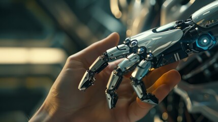 The human finger delicately touches the finger of a robot's metallic finger. Concept of harmonious coexistence of humans and AI technology, hyper realistic 