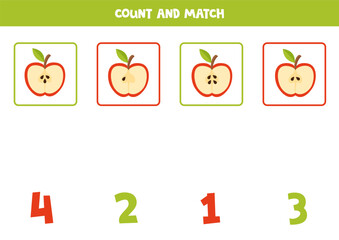 Counting game for kids. Count all apple seeds and match with numbers. Worksheet for children.