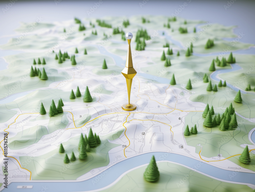 Poster a 3d-styled map with trees and a golden landmark pin, on a white background, concept of navigation. 