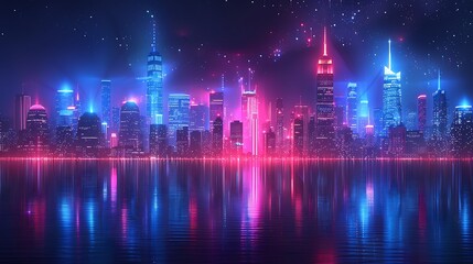 A vibrant neon glow interpretation of the US flag, with glowing red, white, and blue neon lines against a dark cityscape background at night.