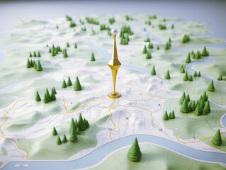 A 3D-styled map with trees and a golden landmark pin, on a white background, concept of navigation....
