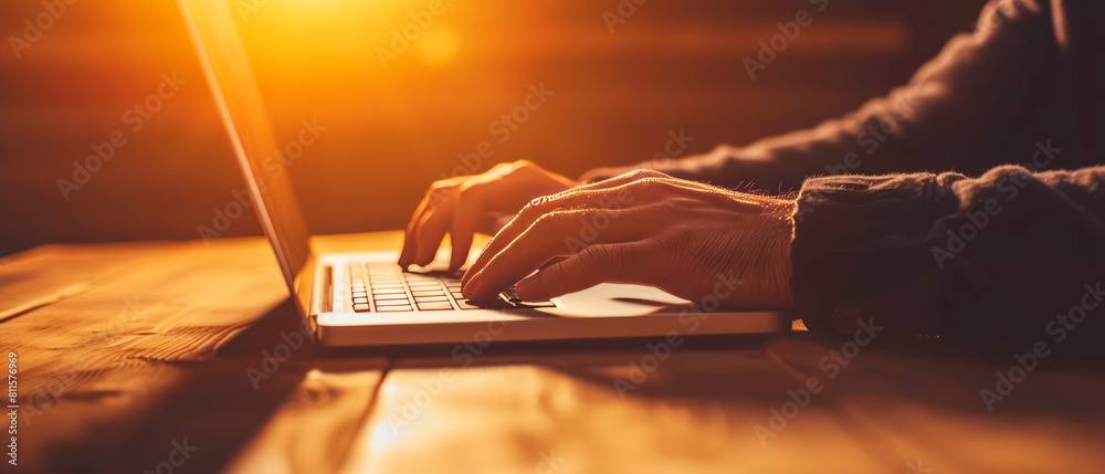 Poster close-up of hands typing on a laptop keyboard, illuminated by warm light, against a dark background,