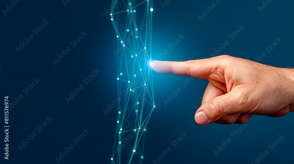 Poster a hand interacting with digital connections on a blue background, illustrating the concept of modern