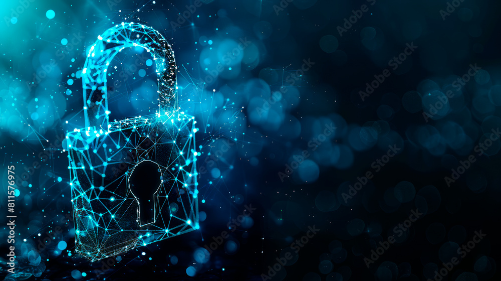 Poster a digital lock concept depicted with blue particles on a bokeh light background, symbolizing cyberse