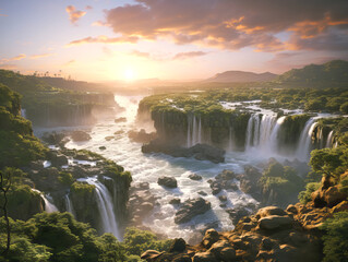 A scenic waterfall landscape at sunset, with lush greenery and a vibrant sky, creating a peaceful concept. Generative AI