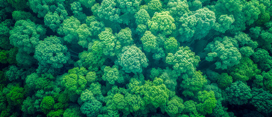 Aerial view of a dense forest, showcasing a sea of green treetops against a serene background, depicting nature's lush textures. Generative AI