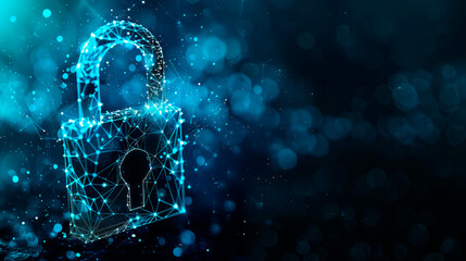 A digital lock concept depicted with blue particles on a bokeh light background, symbolizing cybersecurity. Generative AI