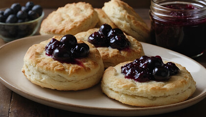 flaky buttermilk biscuits with blueberry jam