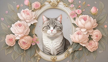 花に囲まれたフレームの中の猫