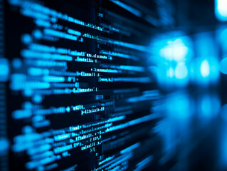 Close-up of code on a computer screen with a digital blue overlay, depicting the concept of data security or software development. Generative AI