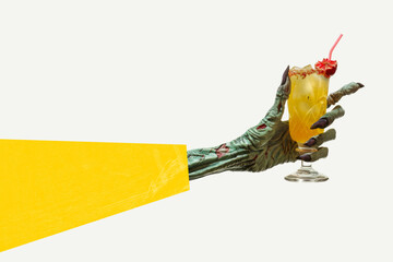 Halloween monster hand holding a cocktail drink. Party celebration collage design