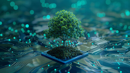 Technology trees growing on network lines, green energy network ecology concept illustration