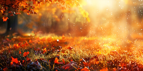 Autumn Amber Sunburst Background. Autumn leaves on the ground are visible in the field in the style...