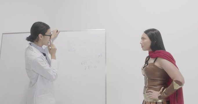 Concept of a female doctor in a white coat of caucasian race on a white background teaching in front of the class teaching super woman in xena suit