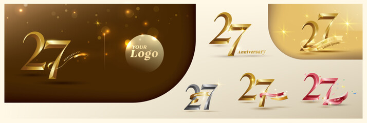 27th anniversary logotype modern gold number with shiny ribbon. alternative logo number Golden anniversary celebration