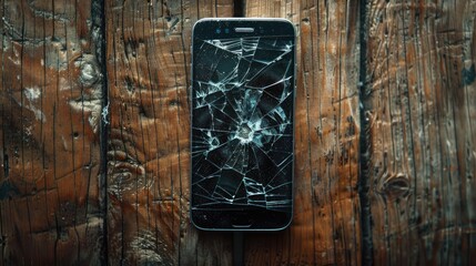Smartphone with a shattered screen seen from above on a wooden surface