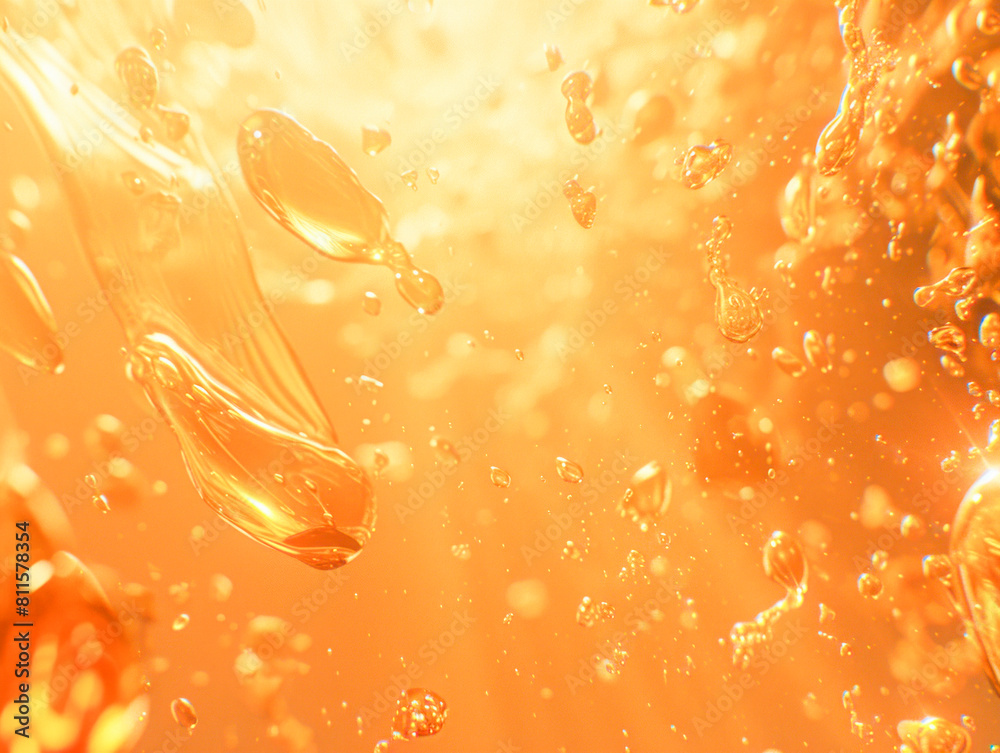 Poster close-up of liquid bubbles in motion, intense orange colors, against a soft-focused orange backgroun