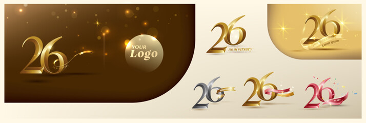 26th anniversary logotype modern gold number with shiny ribbon. alternative logo number Golden anniversary celebration