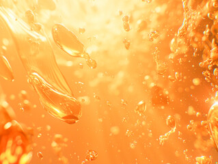 Close-up of liquid bubbles in motion, intense orange colors, against a soft-focused orange background, conveying a dynamic fluid concept. Generative AI