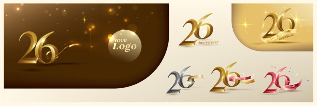 26th anniversary logotype modern gold number with shiny ribbon. alternative logo number Golden anniversary celebration