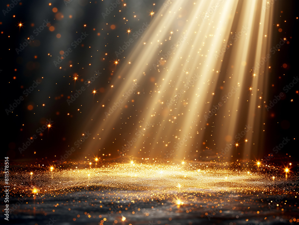 Poster golden sparkles with beams of light on a dark background, conveying a magical atmosphere. generative