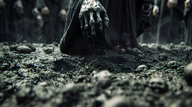 Shadowy Ritual of Dark Necromancy Skeletal Hands Emerging from Cursed Soil Hooded Figures Chanting Arcane Incantations in Eerie Shadowrealm Glow