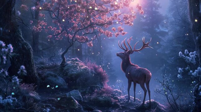 Majestic deer in enchanted fantasy forest. Tranquil woodland scenery with magical ambiance.
Seamless looping 4k time-lapse virtual video animation background. Generated AI