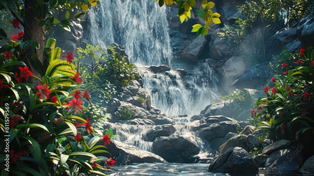 Canvas Prints Impressive natural scenery of a forest waterfall surrounded by foliage and stones