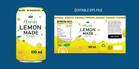Lemonade label design , Soda can label lemon drink label editable vector eps. soft drink label design, fruit juice can label design.