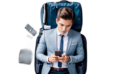 mobile phone airport businessman business trip texting ng lifestyle man travel people using aerodrome black banner smartphone space background holding professional young walk walking commute work