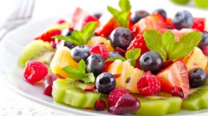 A vibrant and colorful fresh fruit salad, beautifully arranged to showcase a variety of textures and flavors from seasonal fruits