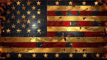 An art deco interpretation of the US flag using gold, silver, and bronze metals, emphasizing luxury and early 20th-century style.