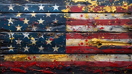 An artistic depiction of the US flag on a backdrop of wooden planks, with abstract paint splatters and drips over the natural wood grain.
