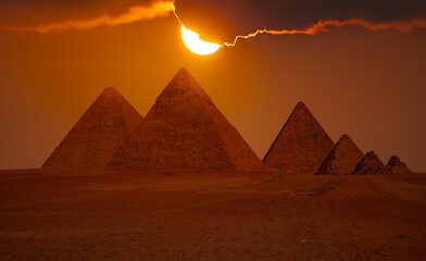 Giza Pyramid Complex at amazing sunset - Cairo, Egypt