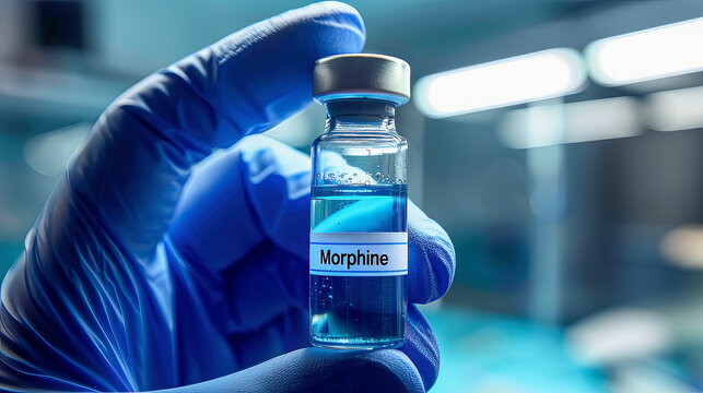 Morphine medical bottle of pain medication of opiate family which acts on CNS and used for acute and chronic pain in myocardial infarction kidney stones and during labor