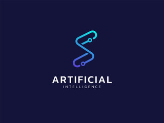 Artificial intelligence with letter s chainlink network lines technology Analysis logo vector design concept. AI technology logotype symbol for advance technology, tech company, ui, online network. 