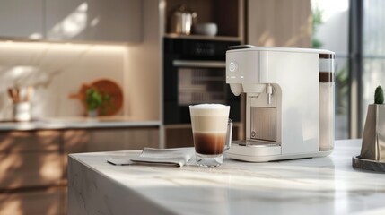 A sleek modern coffee machine alongside a glass cup filled with creamy latte, perfectly placed on a white marble countertop in a well-lit kitchen setting