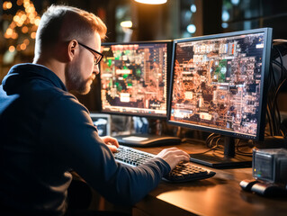 A man analyzing complex digital data on multiple computer monitors, with a dimly lit office background, depicting a concept of technology analysis. Generative AI